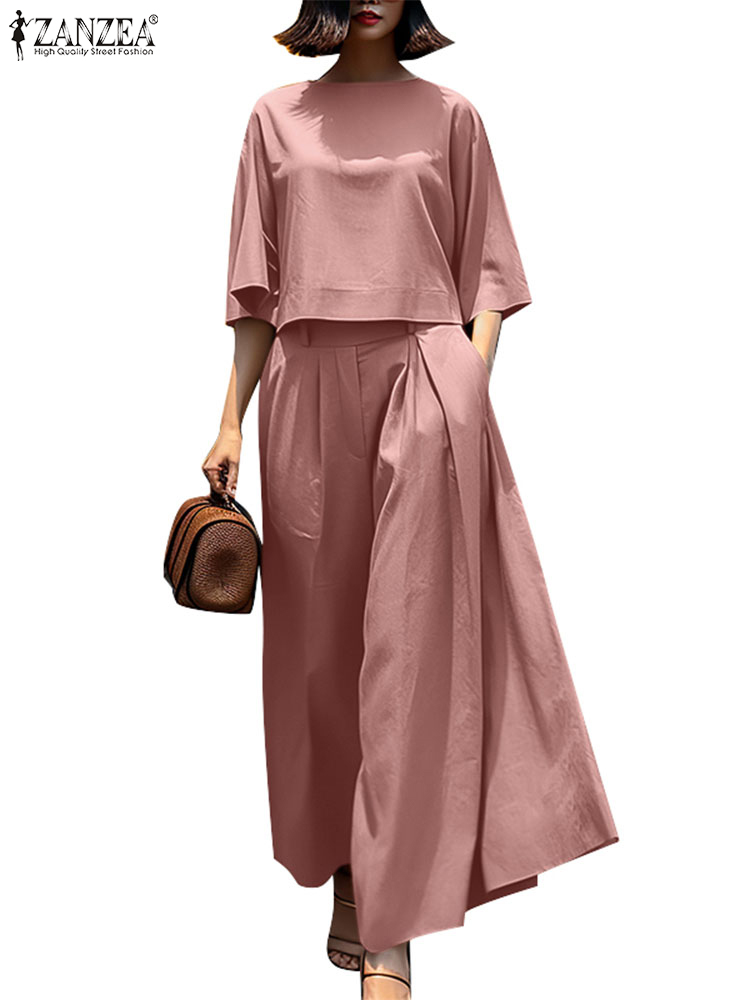 ZANZEA Summer 2pcs Outfits Women Pant Sets Baggy Blouse Wide Leg Trousers Suit Solid Work Tracksuits Matching Sets