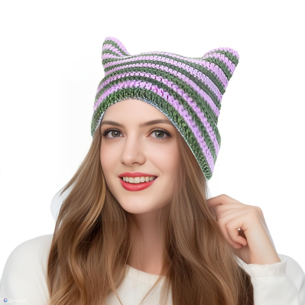 Corchet Cute Cat Ears Beanie Hat for Women Winter Striped Korean Y2K HipHop Cosplay Knitted Streetwear Men Skullies