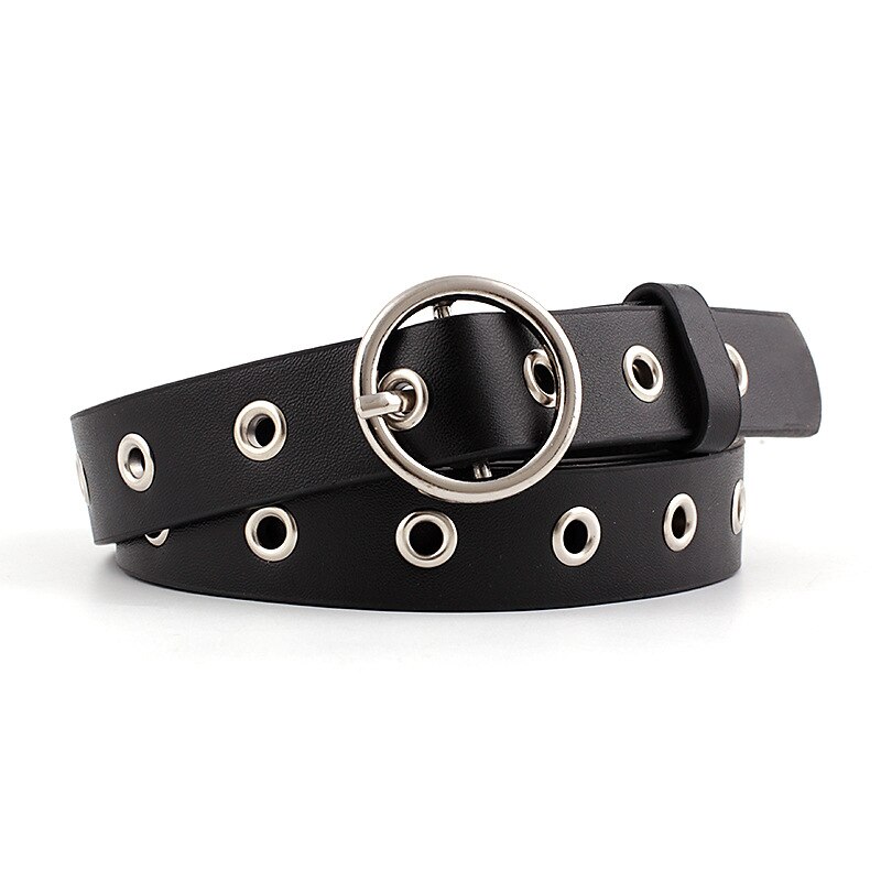 Women's Black White Red Pink Eyelet Grommet Belt Female Silver Circle Belts for Women Jeans Fajas Para Mujer: Black