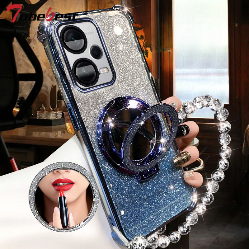 Étui pour Xiaomi Poco X5 Pro 5G, résistant aux chocs, placage de paillettes, Bracelet en cristal, miroir Magsafe, support de téléphone: Néoprène / Bleu