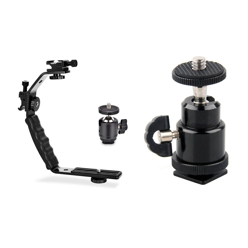 Aluminium Alloy Mini Ball Head 1/4inch Mount with Flash Shoe with L Bracket Padded Handheld Holder L Brackets