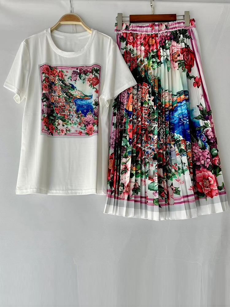 Retro sommer neue rundhals kurzarm geometrische druck T-shirt + elastische taille große schaukel rock frauen zwei-stück anzug