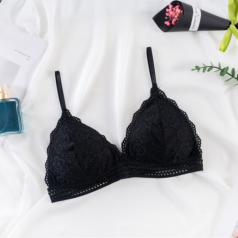 CHRLEISURE French Triangle Cup Lace Bra Back Buckle Beauty Back Underwear Wireless Gather Bras For Women Small Breasts: Black