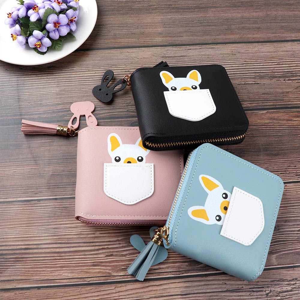 Korte kwastjes dames portemonnees schattige kleine portemonnee cartoon hond dier korte portemonnee met rits rond dames clutch kaarthouder