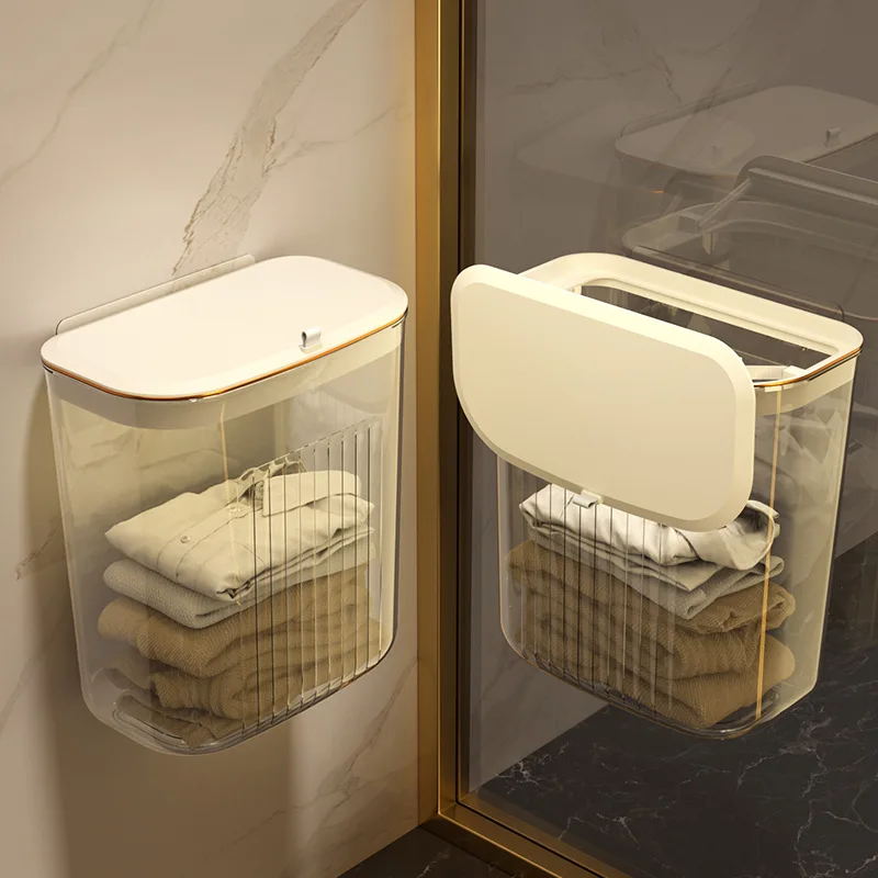 Cesta transparente montada en la pared impermeable con tapa que cambia ropa limpia toalla organizador de lavandería, caja de almacenamiento de cocina lujosa