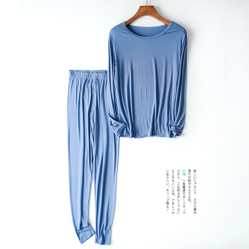 Pyjama en coton Modal pour homme, vêtements de nuit à manches longues, couleur unie, ample, grande taille, tenue de maison, printemps, 95%: Sky Blue Set / L(60-70kg)