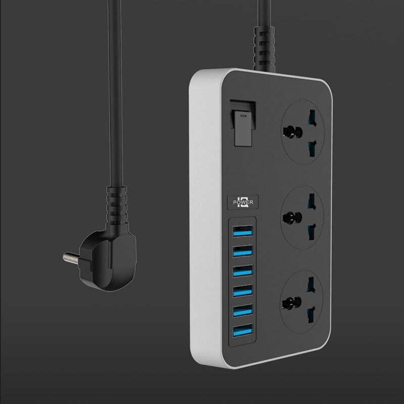 Power Strip with USB Ports Surge Protector with 3 AC Outlets and 6 USB Charging Ports 3000W/16A 2m Power Cord Length