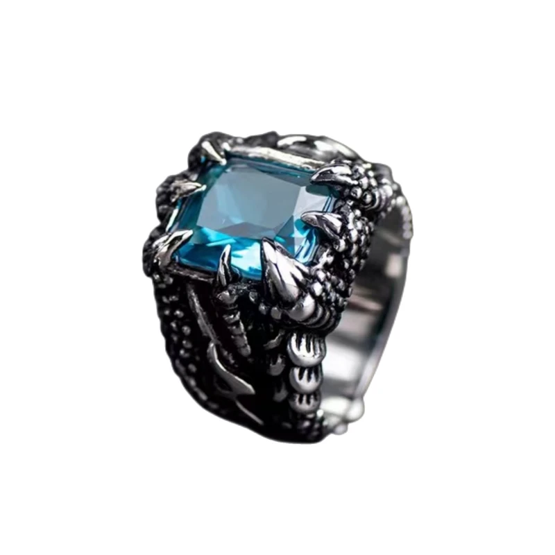 Gothic Blue and Red Crystal Zircon Evil Demon Dragon Claw Ring for Men Gram Biker Punk Rock Hip Hop Opening Rings Cool Jewelry: Blue