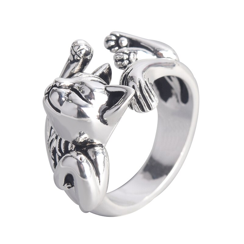 Retro Neutrale Slaap Kat Open Finger Ring Unieke Mode Dier Punk Ring Voor Mannen Vrouwen Verstelbare Vingers Sieraden