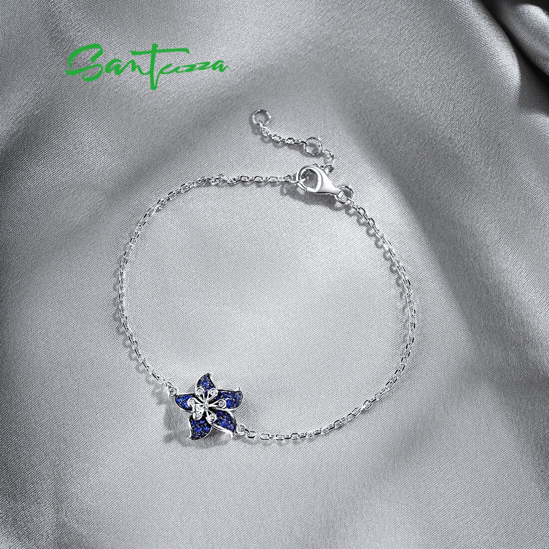 SANTUZZA Silver Bracelet For Women Authentic 925 Sterling Silver Delicate Dainty Blue Star Flower Adjustable Fine Jewelry