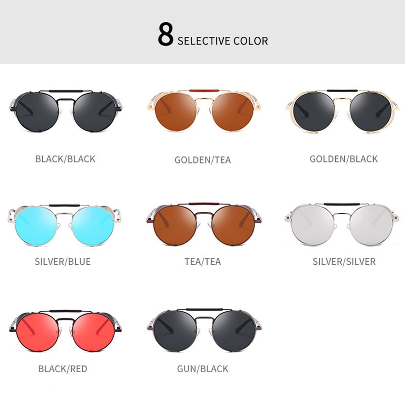 Retro Round Steampunk Sunglasses Men Women Side Shield Goggles Metal Frame Gothic Mirror Lens Sun Glasses