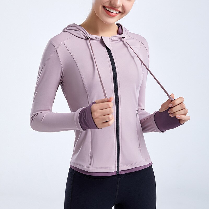 Chaqueta deportiva para mujer, con agujero en el pulgar, transpirable, para correr, de manga larga, para Yoga, adelgazante, con capucha, Top con cremallera: S / Púrpura