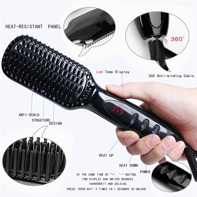 Ionic Hair Straightener Brush Anti-Scald And Anti-Static Straightening Iron Brush With Auto Shutoff And Temperature Lock Functio