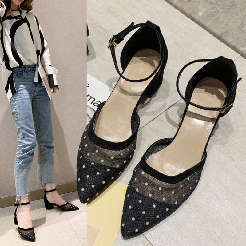 Mcckle skor dam pumps kvinnlig mesh spetsig tå polka dot skor ankel spänne rem andas högklackat casual dam skor