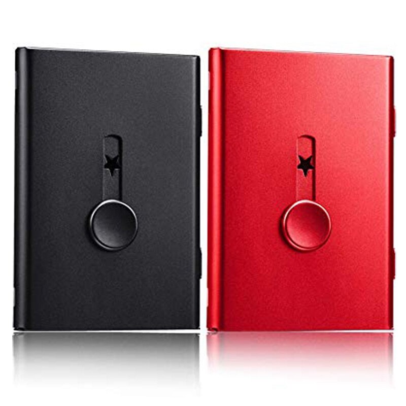 2 Pack Business Card Holder, Thumb Drive Card Case Slide-Out Stainless Steel Business Card Holder Card Case for Men and Women Ar: Red BLACK