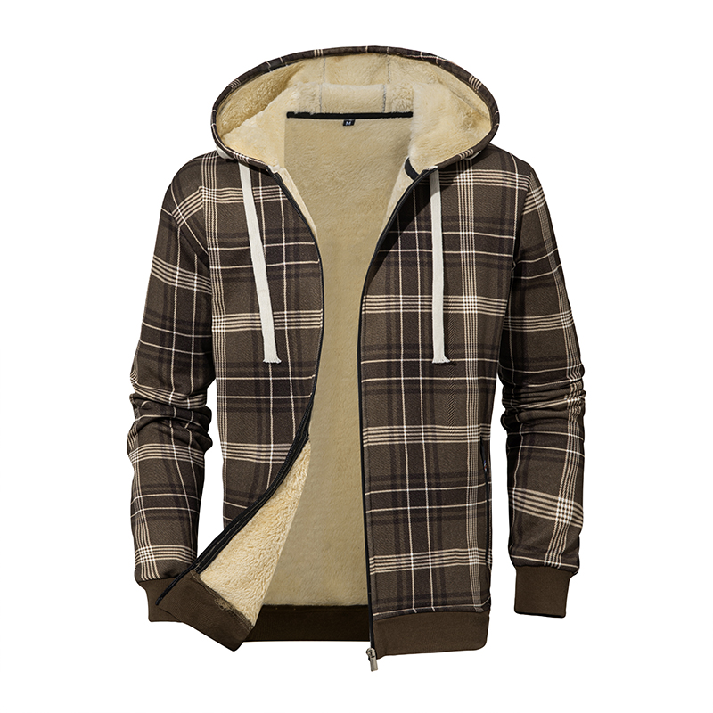 Chaqueta con capucha holgada de manga larga a cuadros de algodón grueso de lana de cordero de invierno para hombre: XL / Castaño