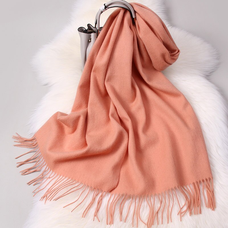 Vinter kvinder tørklæde woo solid echarpe wraps til damer foulard femme med kvast varm merino rød uld tørklæder kashmir: Orange lyserød