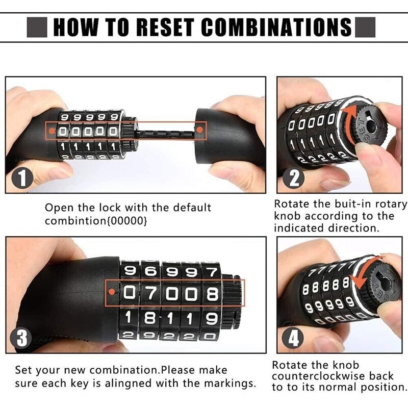 Bicycle Lock,5-Digit Combination of Bicycle Chain Lock,for Bicycles and Motorcycles,Gate Fence,Glass Door,Scooter Lock