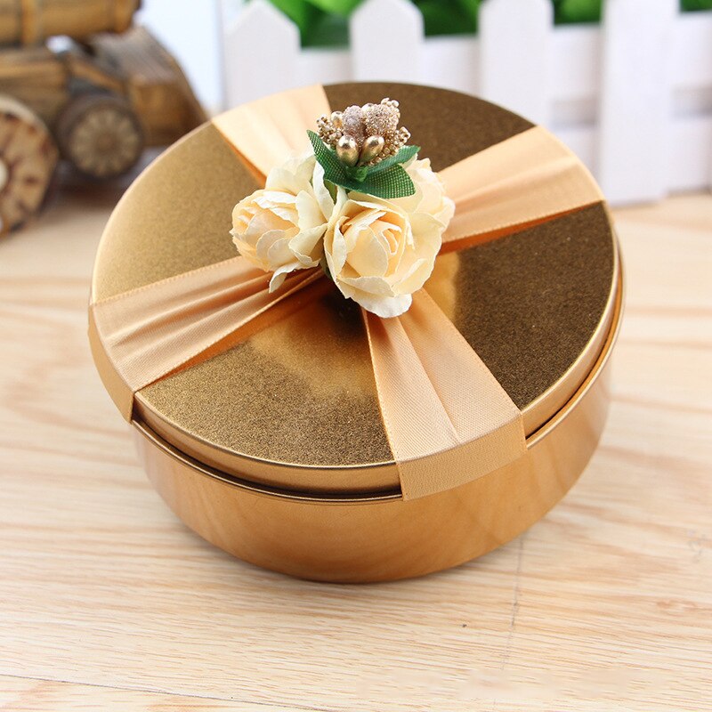 Luxury Gold Round Shape Tinplate Wedding Candy Box With Berry Flower Ribbon Metal Small Party Favors Chocolate Boxes