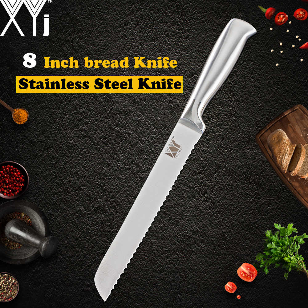 XYj-Juego de cuchillos de cocina de acero inoxidable, rebanador de pan de Chef, Santoku, Utilidad de pelar, soporte de cuchillo de acero inoxidable: J.8 bread knife