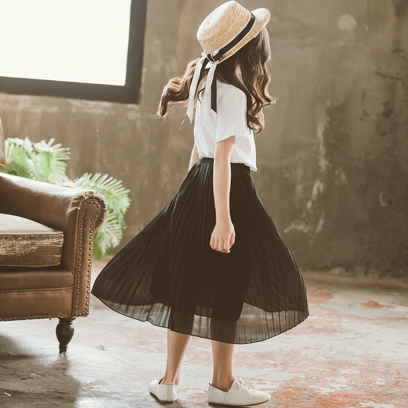 Sommer børn nederdel børn chiffon plisseret lang nederdel glatte nederdele baby teenagere piger maxi strand boheme nederdele