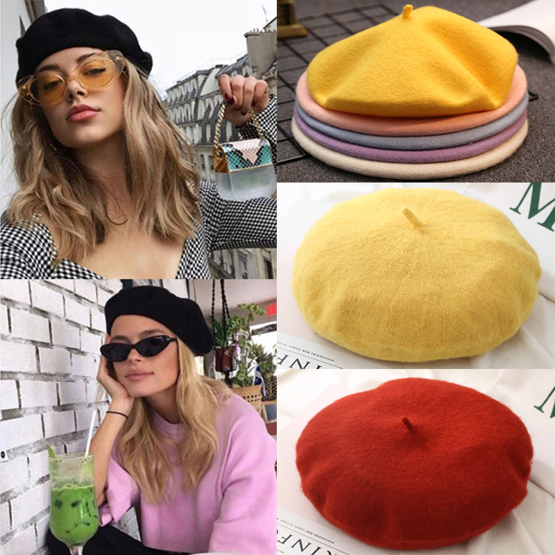 Béret en Laine Rétro et Style Artiste Français pour Femme et Fille Chapeau Vintage de Couleur Unie, , pour Dame, Hiver
