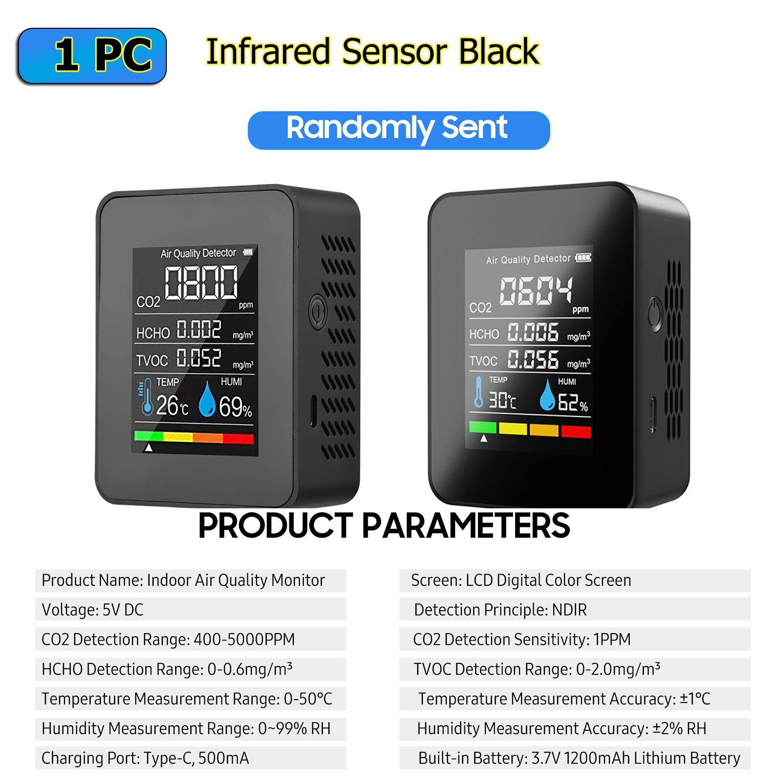 CO2 Meter 5in1 Formaldehyde HCHO TVOC Tester Co2 Sensor Air Monitor Indoor CO2 Detector LCD Temperature Humidity Tester: 5in1 B Infrared Sens