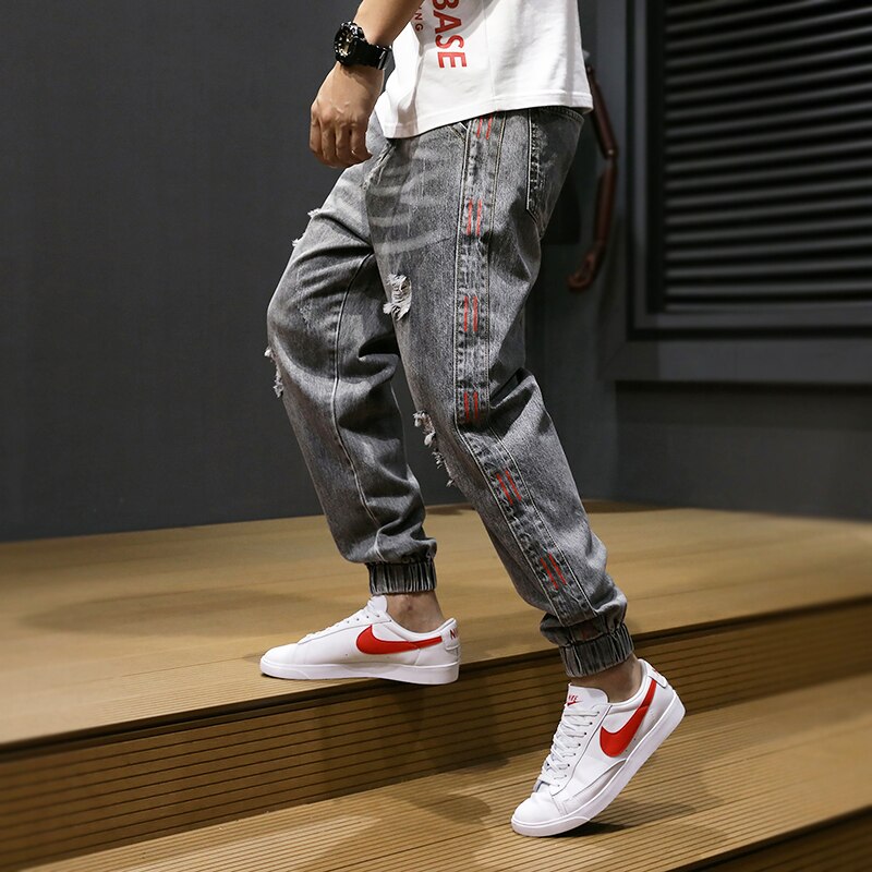 Style japonais hommes jean rayé concepteur coupe ample détruit déchiré Harem jean hommes Cargo pantalon Streetwear Hip Hop jean