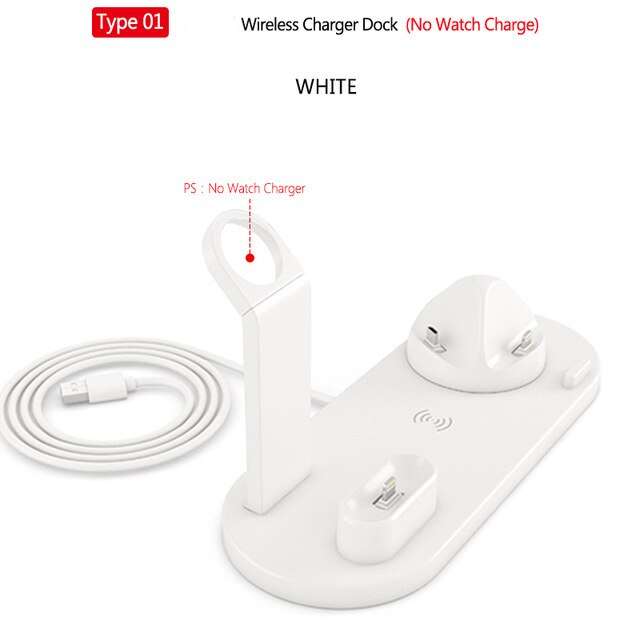 Estación de carga inalámbrica 6 en 1 DCAE para teléfonos iPhone/Android/tipo-c, USB, carga rápida de 10W Qi para Apple Watch AirPods Pro: Type 1 White