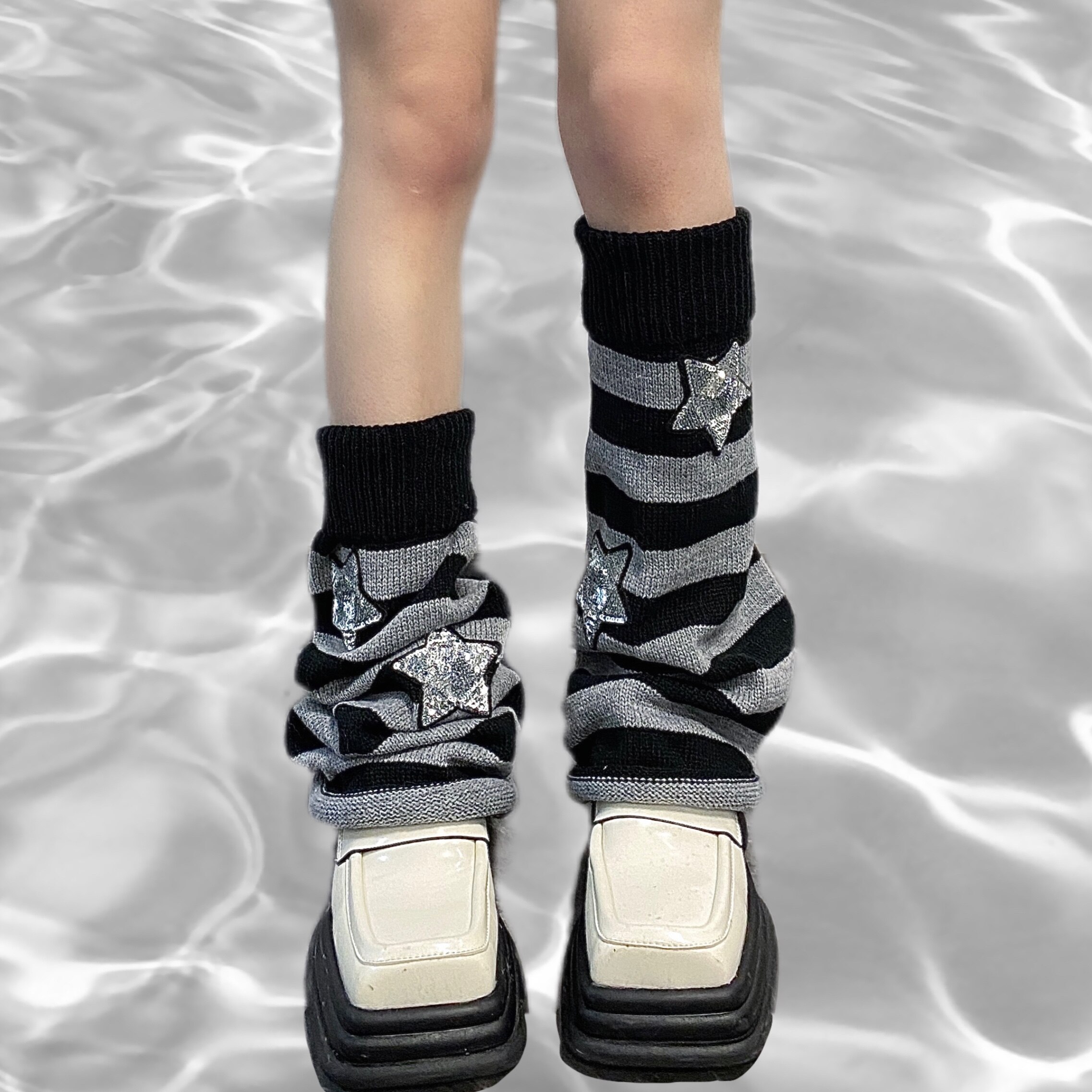 Harajuku Vrouwen Winter Beenwarmers Sokken Japanse Meisje Gothic Gestreepte Sterren Gebreide Warmer Lange Sokken Punk Voet Cover: Donkergrijs