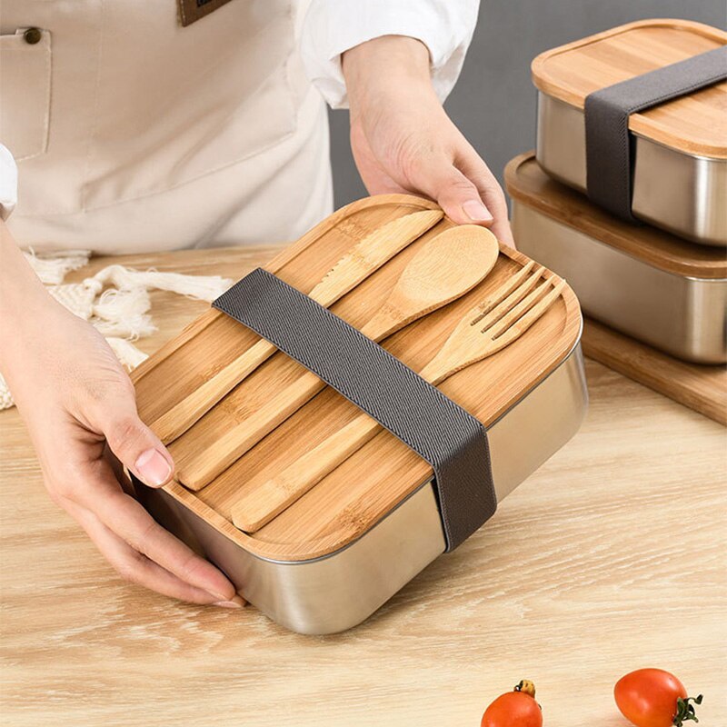 304 Stainless Steel Bamboo-wood Lid Lunch Box Packaged Food-grade Sushi Box Divided Grid Work Lunch Box Steamed Rice Seal Box