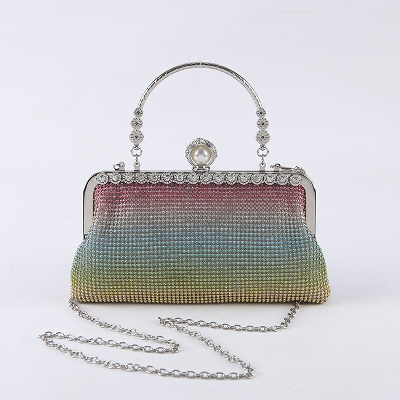 Bolso de mano de noche con diamantes para Mujer, cartera de mano plateada para boda, , banquete, color negro/dorado,: rainbow