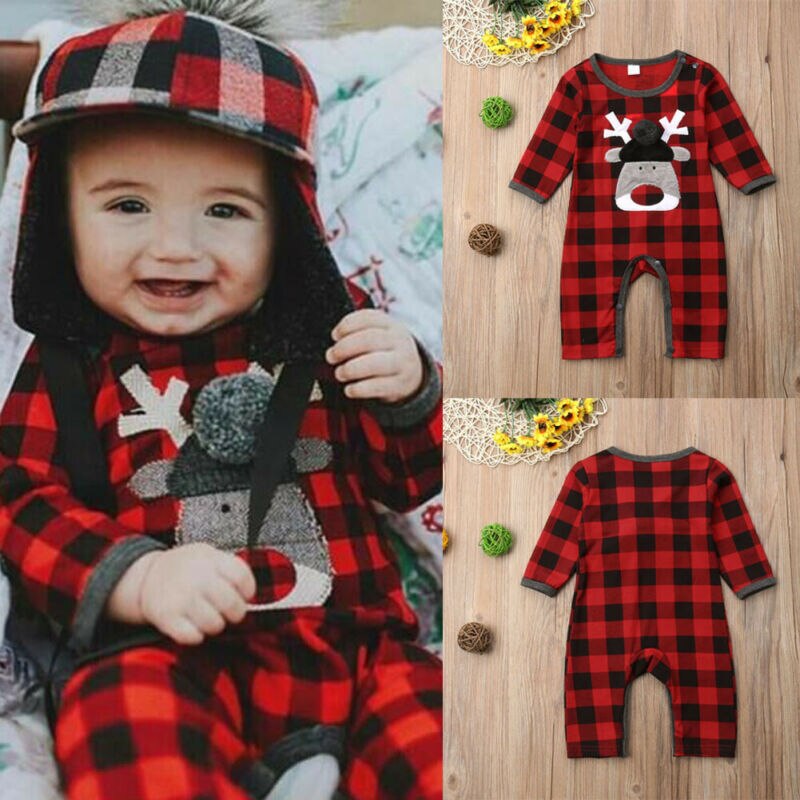 Criança do bebê menino menina manga longa xadrez macacão veado macacão roupas