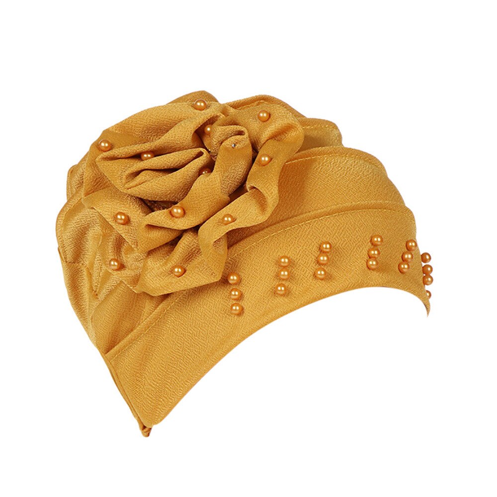 #5 Mode Vrouwen Kralen India Hoed Moslim Ruche Kanker Chemo Beanie Sjaal Tulband Cap Freeship: Yellow