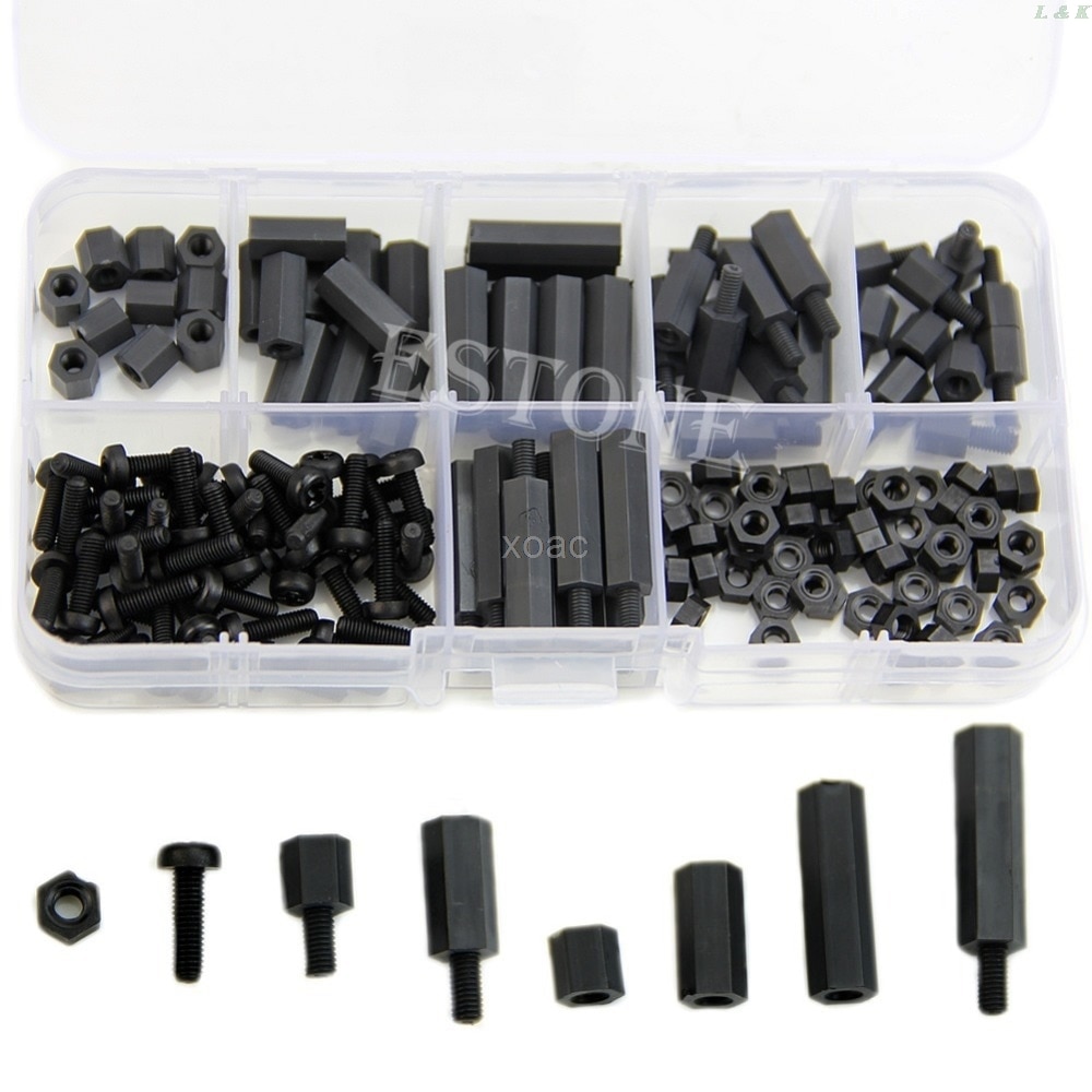 160 Uds M3 Nylon negro M-F Hex bola Kit surtido de tuercas de tornillo de soporte de caja de juego de M08