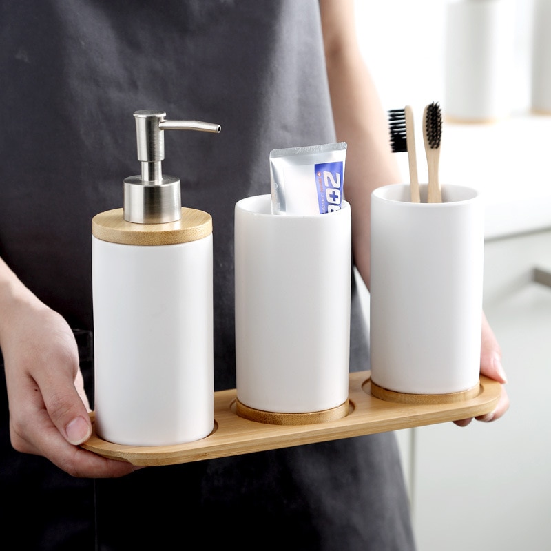 Ceramic Bamboo Bathroom Tumblers Mouth Cup Toothpaste Toothbrush Holder Soap Dispenser Kitchen Dishwashing Liquid Container