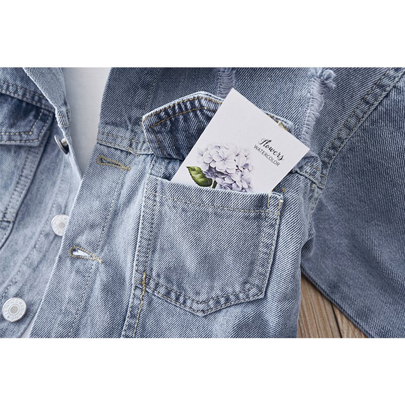 Applicazioni floreali di Modo Giubbotti jeans per Le ragazze 2020 nuova Primavera Autunno Cappotto Giacca di jeans Strappato Foro Bowknot Del Nastro per Bambini Outwear