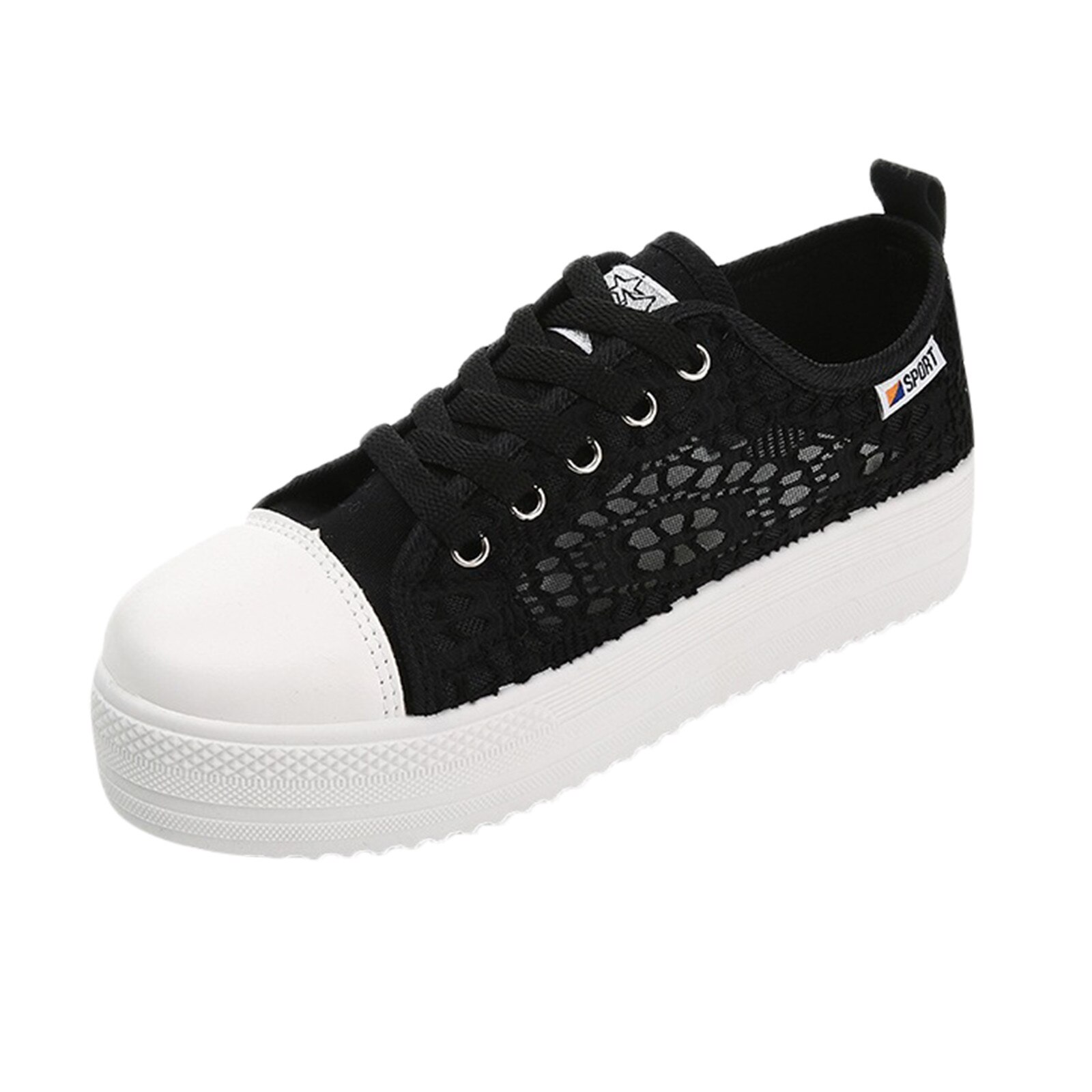Vrouwen Mode Effen Kleuren Lace Casual Platte Mesh Ademend Platform Canvas Lace-Up Enkele Wandelschoenen Sneakers Schoeisel # G4: Black / 8