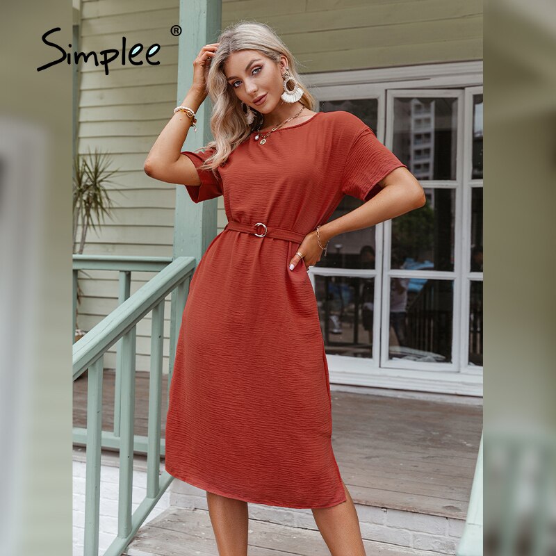 Simplee-vestido liso informal de manga corta para mujer, vestido liso con cuello redondo, holgado, con cordones, para oficina, para verano,
