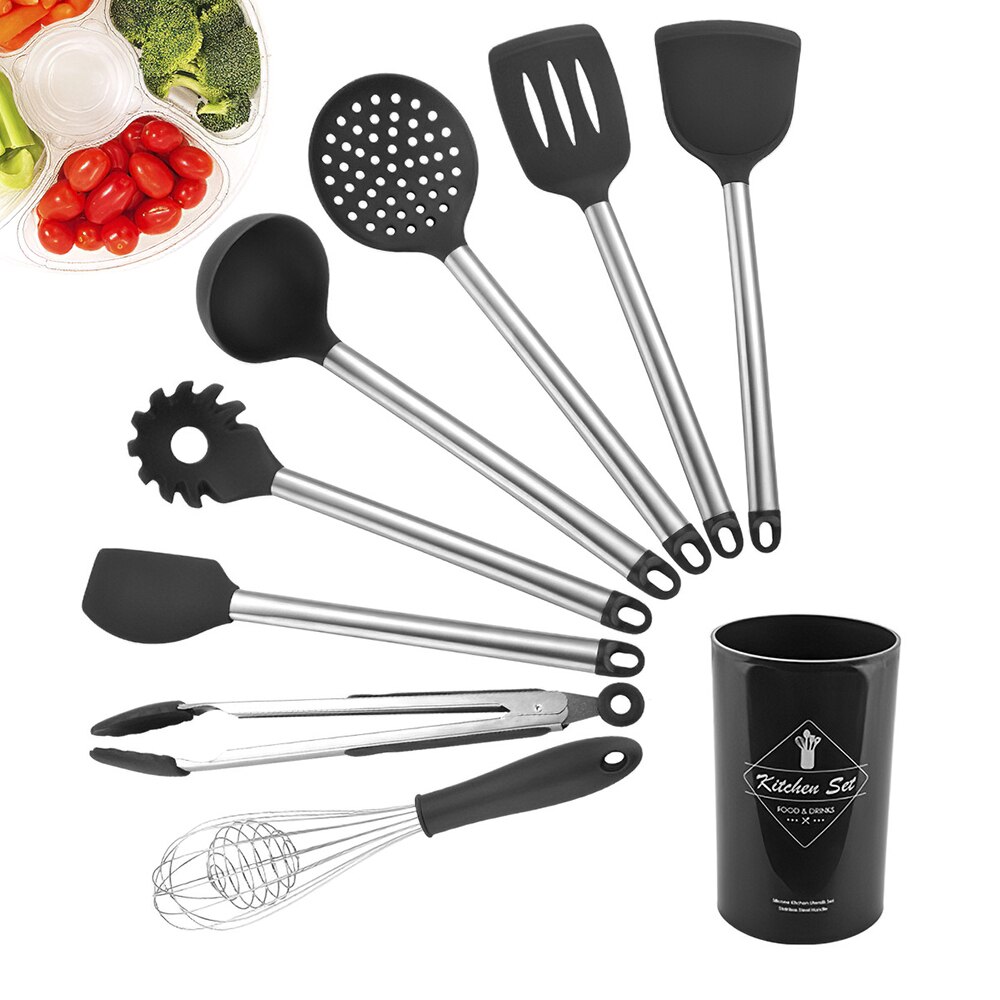 8 Uds juego de utensilios de cocina rojos aparatos cocina silicona espátula de madera con caja de soporte conjunto de herramientas de cocina: Black
