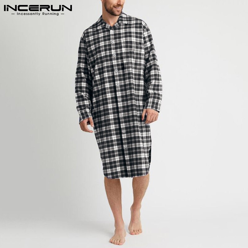 Mannen Plaid Gewaden Comfortabele Homewear Turn Down Kraag Lange Mouw Knop Badjassen Losse Leisure Mannen Kamerjas S-5XL Incerun
