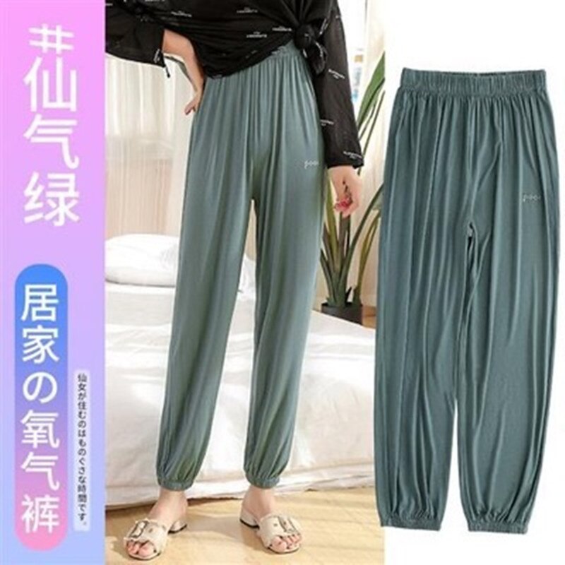 Sommer søvnunderdel kvinder modal lange bukser hjemmepyjamas bløde slipbukser stor størrelse afslappet nattøj: Grøn