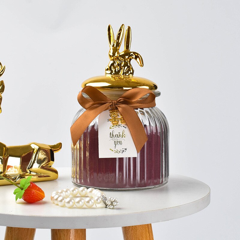 Nordic Storage Bottles Gold Plated Ceramic Cover Glass Jar Color Candy Snack Storage Tank Cartoon Animal Shape Home Decoration: A7
