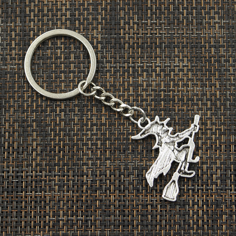 30mm Schlüssel Ring Metall Schlüssel Kette Keychain Schmuck Antike Silber Farbe Überzogen Hexe Besen Halloween 36x34mm Anhänger