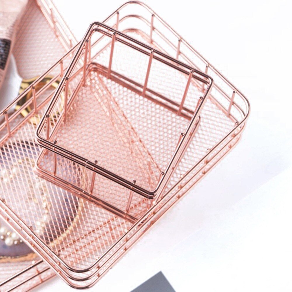 4 stilar rosa guld metall förvaring korg kosmetiska arrangör hållare skrivbord kök badrum hylla heminredning tillbehör