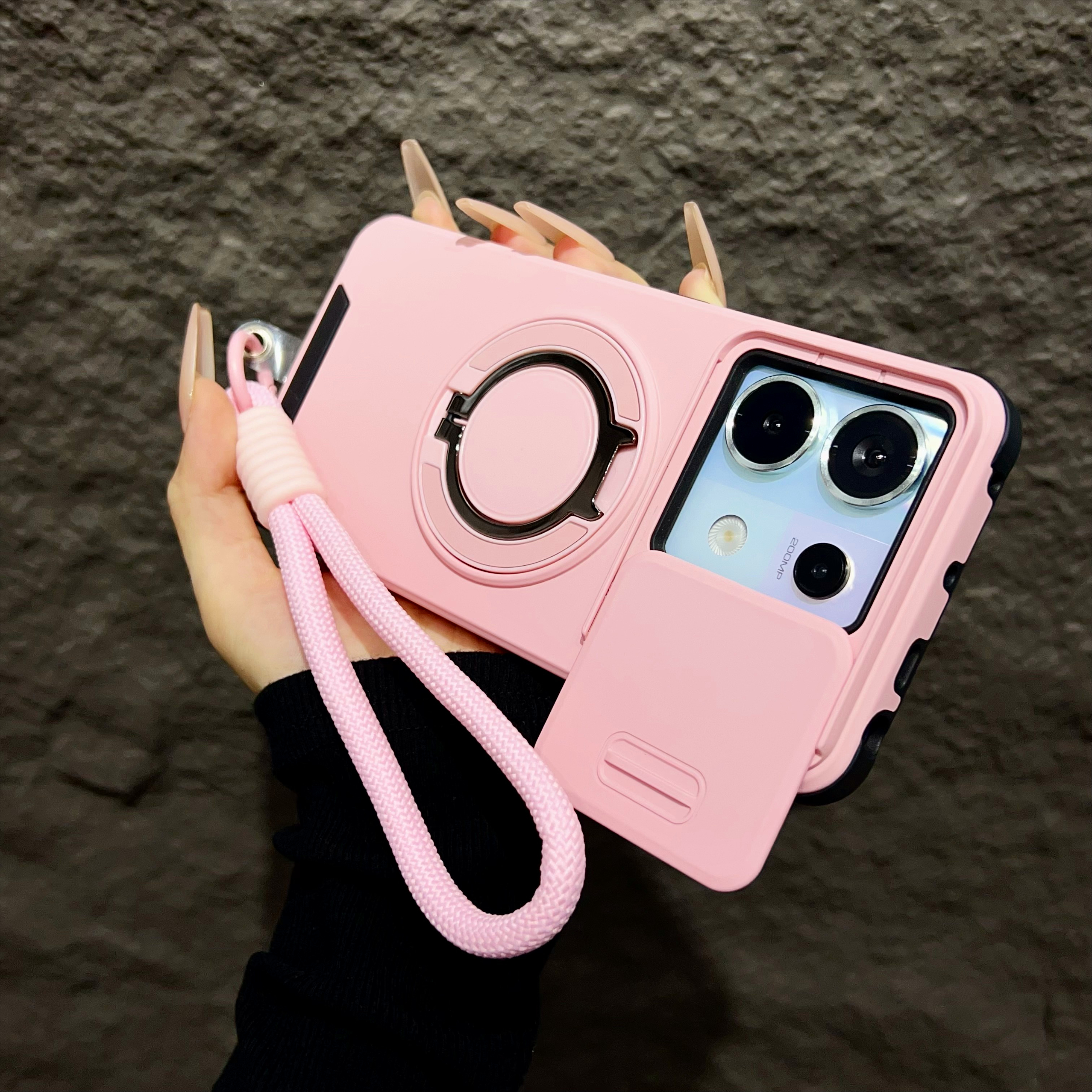 Capa magnética armadura para redmi note 14 13 pro plus 5g 4g xiaomi 14t pro com cordão slide proteção de câmera capa à prova de choque: ABS / Rosa