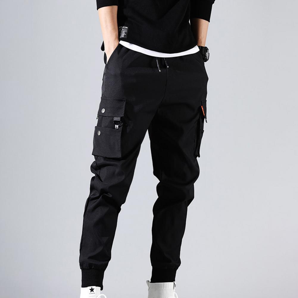 Men Drawstring Strap Elastic Waist Pants Solid Color Thin Male Men Beam Feet Cargo Pants for Daily Life