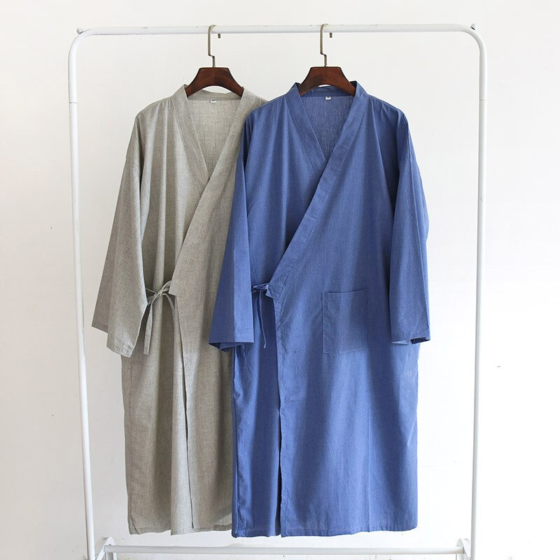 Multicolor Men's Cotton and Linen Bathrobe for Spring and Summer Solid Color Kimono Robe Home Bath Men Clothes