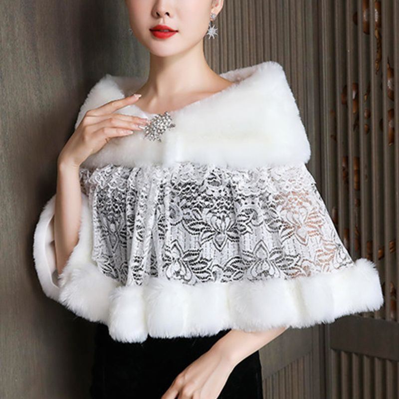 Kvinder vinter brudekjole tørklæde stoles varmt sjal wrap fluffy plys splejsning brude bolero hæklet blomster blonder gallafest cover