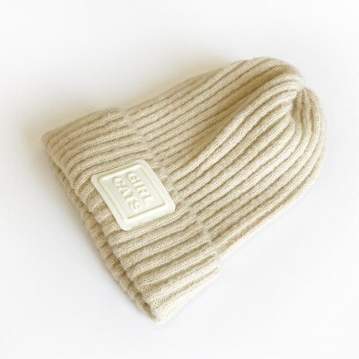 Kinderwintermuts geborduurde letters effen wollen streep gebreide kindermuts gehaakte meisjesmutsen winter jongensmuts babymutsen: Beige